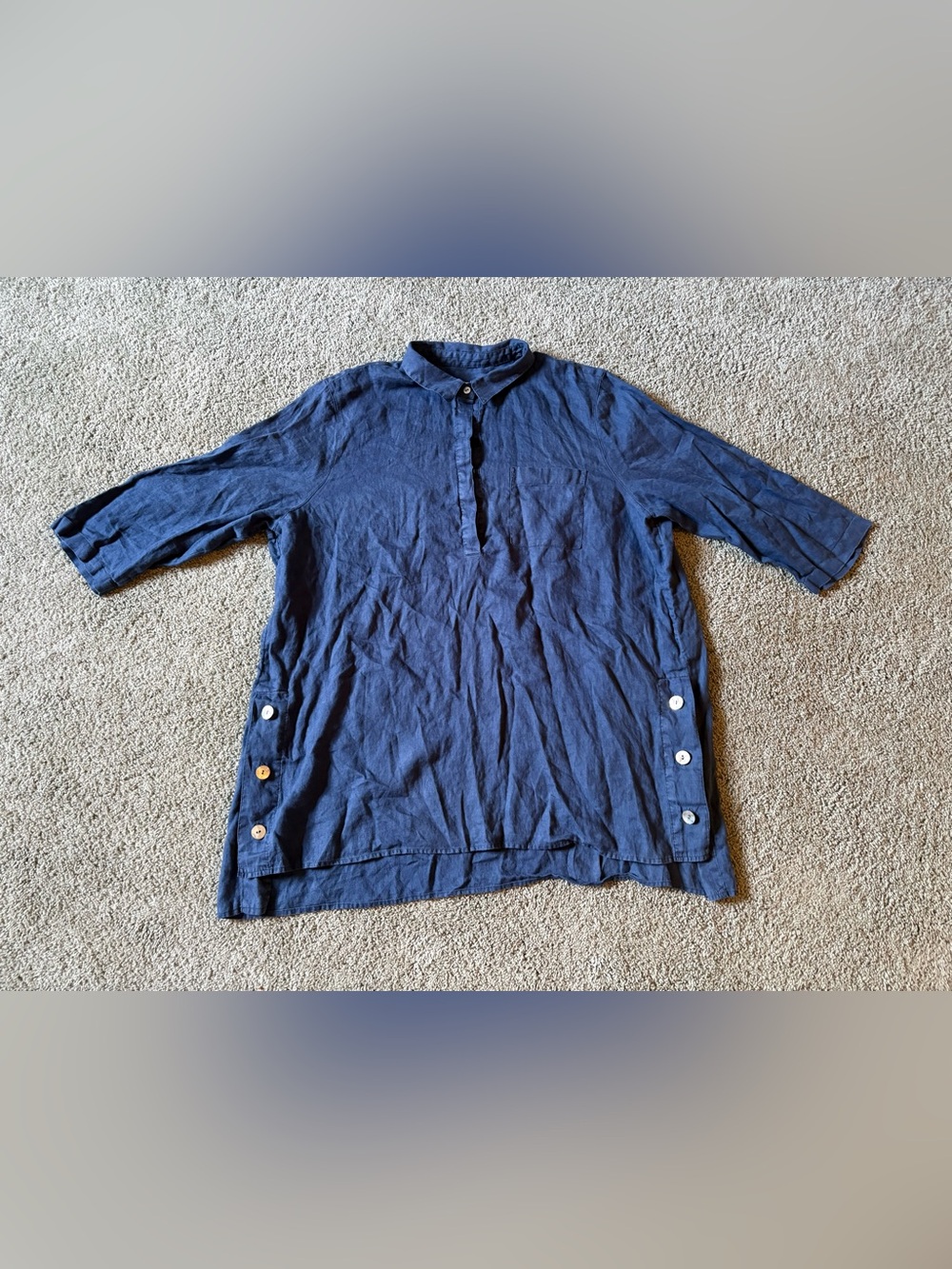 J. Jill Love Linen 100% Linen Blue Tunic Top Womens XL 1/4 Button Up Beach
